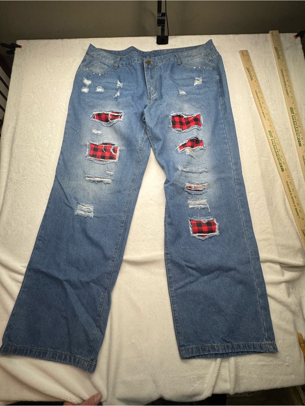 Distressed Buffalo Plaid Patch Jeans Light Wash Wide Leg Estimated Plus Size - Picture 3 of 11